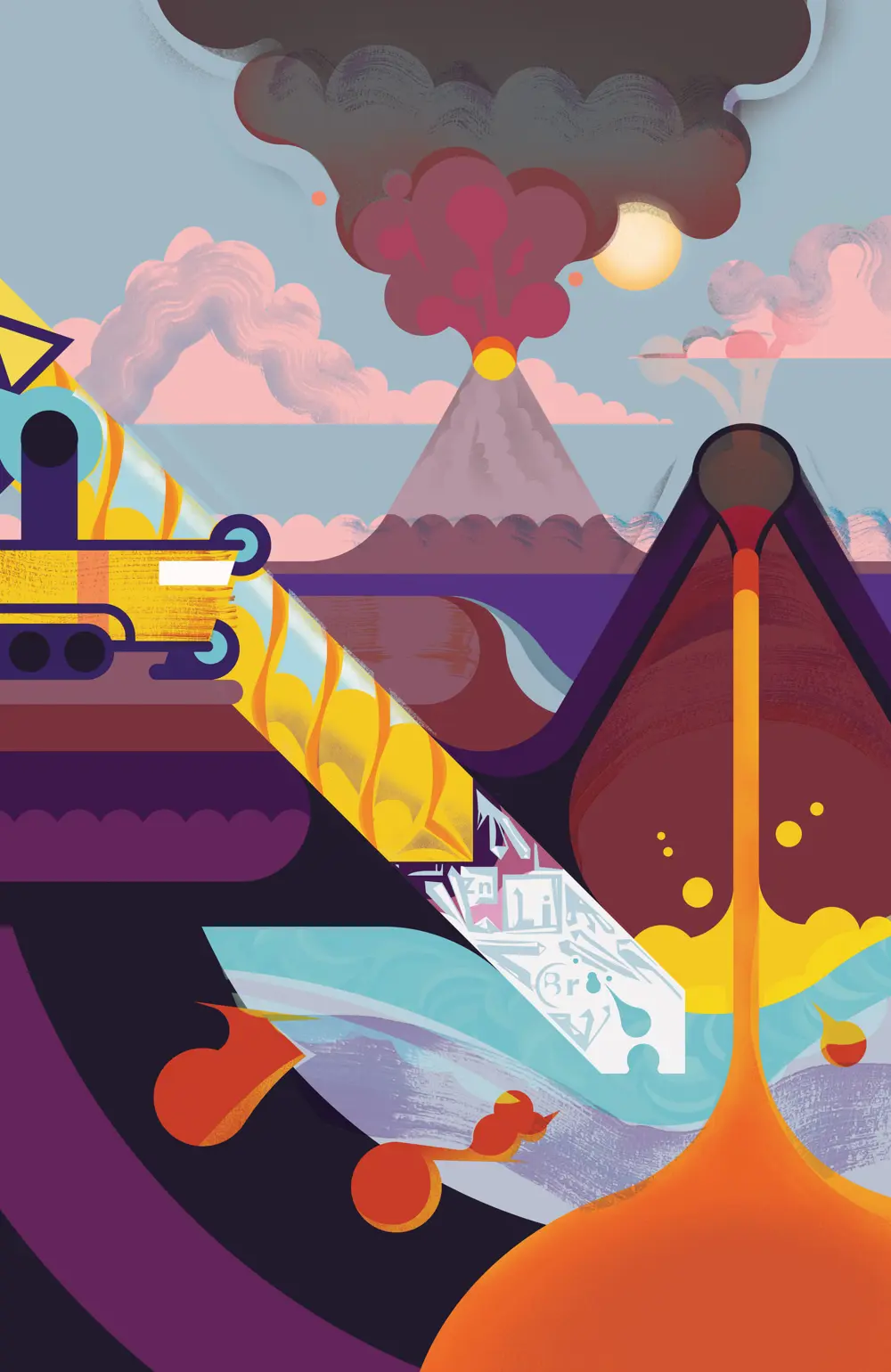 An artist's depiction of drilling for brine underneath volcanoes to extract useful metals and minerals needed for green technologies