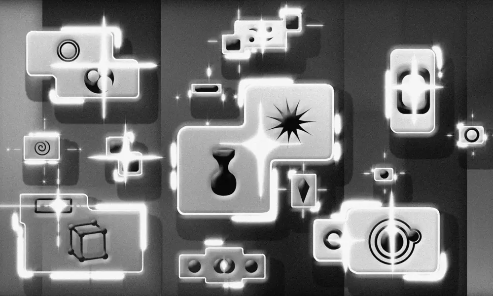 Black and white illustration of icons such as stars, concentric circles and a cube contained in conjoining squares.