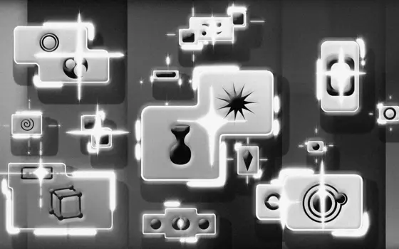 Black and white illustration of icons such as stars, concentric circles and a cube contained in conjoining squares.