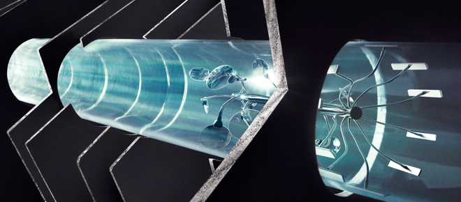 An artists depiction of a pipeline inspection gauge, reimagined almost in animal form, with magnifying glasses observing as it moves down a remote pipe.