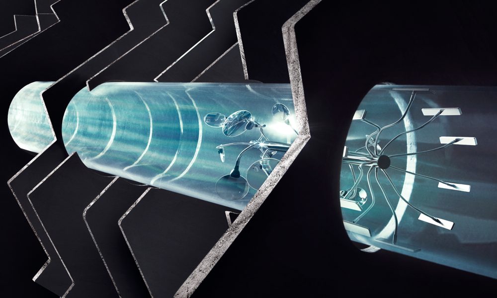 An artists depiction of a pipeline inspection gauge, reimagined almost in animal form, with magnifying glasses observing as it moves down a remote pipe.