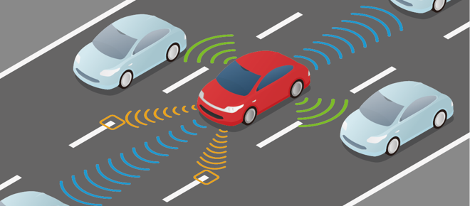 An illustration shows a red car on the road with blue, green and orange signals around it in different directions. There are grey cars surrounding it. 