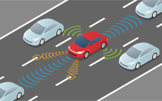 An illustration shows a red car on the road with blue, green and orange signals around it in different directions. There are grey cars surrounding it. 