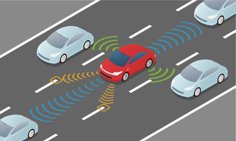 An illustration shows a red car on the road with blue, green and orange signals around it in different directions. There are grey cars surrounding it. 