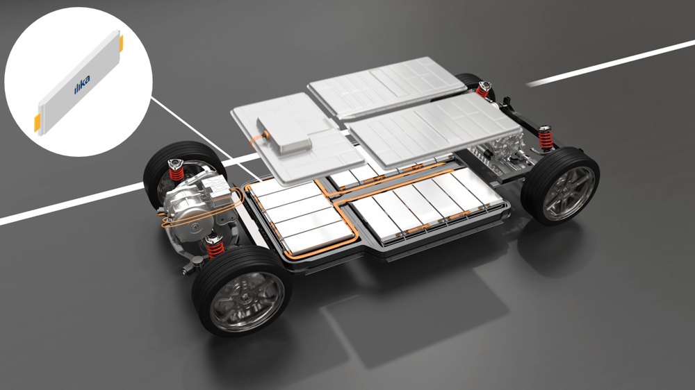 A computer rendering shows shows the structure of a vehicle on four wheel with a number of silver rectangle boxes attached to it