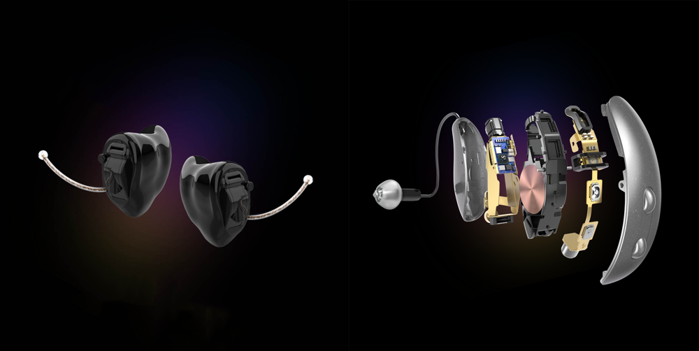 On the left, a close up of small black 'invisible'-style hearing aids on a black background; and on the right, an exploded view of a larger behind the ear style