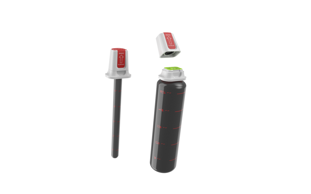 A rendering of ACT Medical's device, shown before activation as a narrow tube attached to a handle, and after activation an expanded tube attached to a handle.