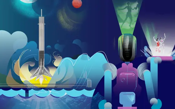 An illustration of a rocket landing on a platform out at sea, next to a robot thinking about how to ballroom dance using generative AI