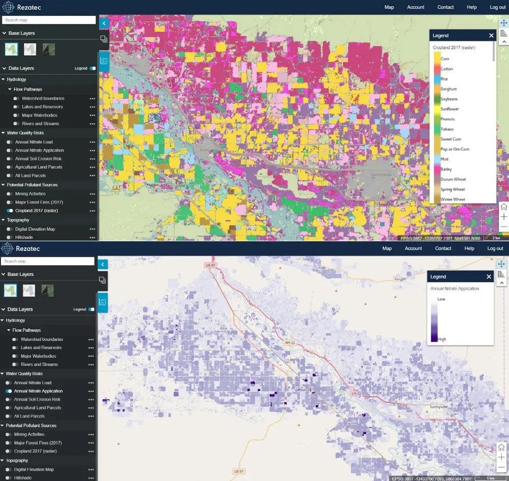 A radar and optical satellite image that is coloured based on crop identification (top). An image coloured based on amount of annual nitrate application (bottom).
