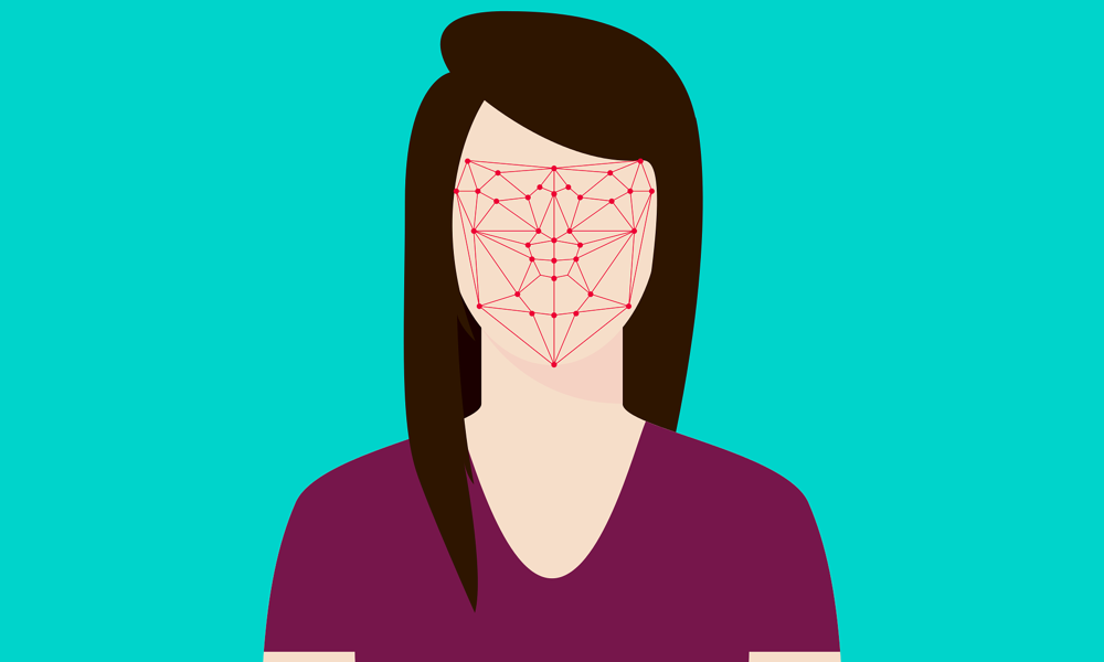 A digital illustration of a women with red facial recognition dots, that are connected by lines, projected onto her face,.