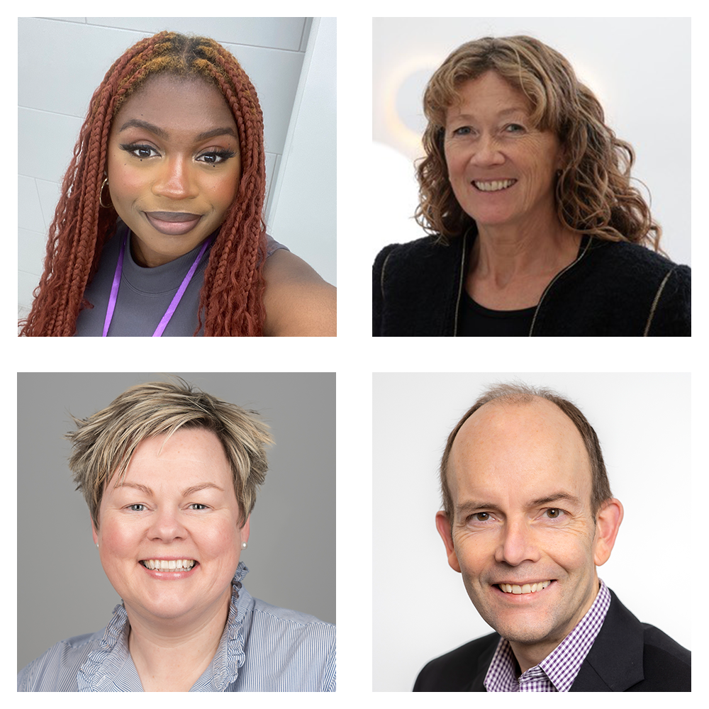 A collage of four portrait images depicting three women and a man