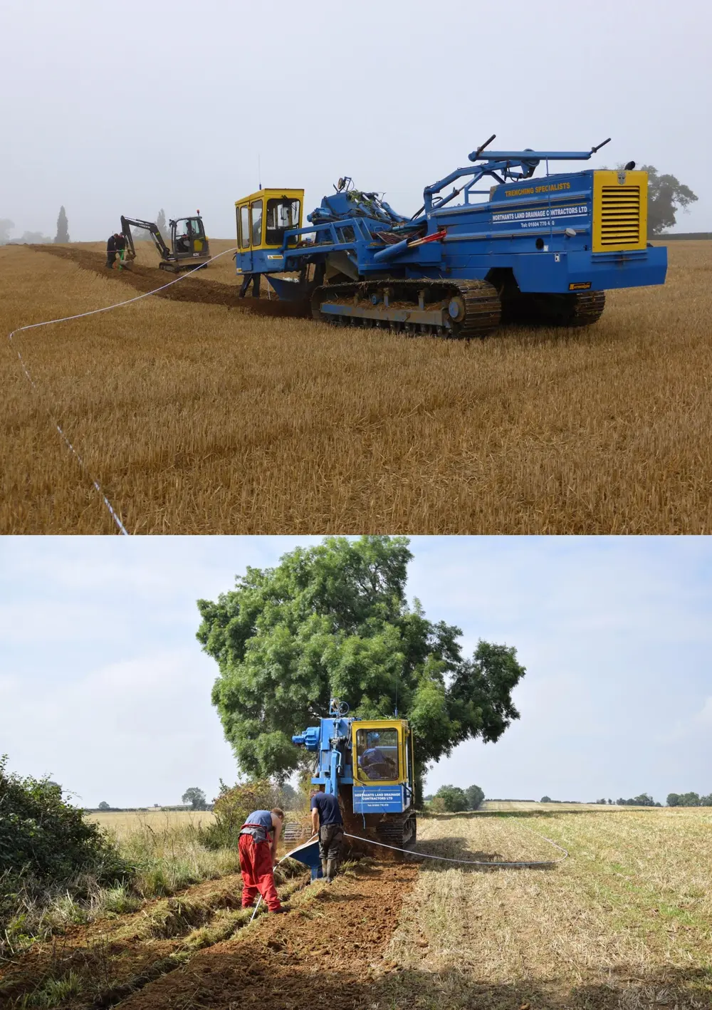 A tractor in a field of crops (top). Volunteers and a digger installing a fibre-optic cable in a field in Abthorpe (bottom).