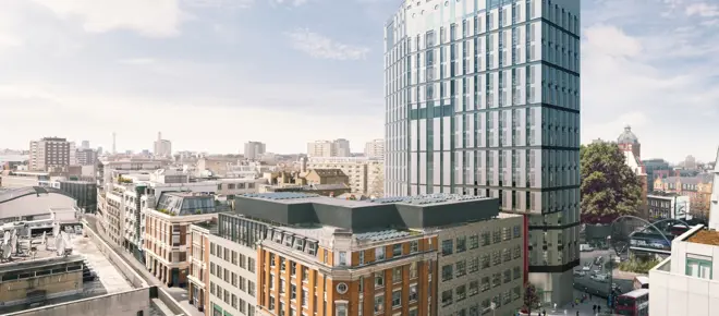 A high-angle view of White Collar Factory by Old Street Yard.