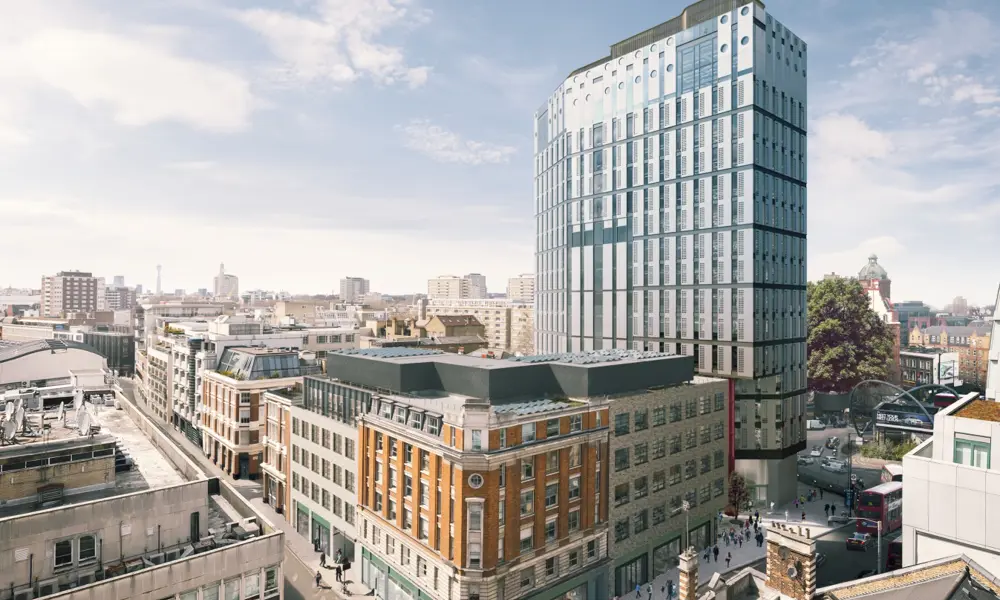 A high-angle view of White Collar Factory by Old Street Yard.
