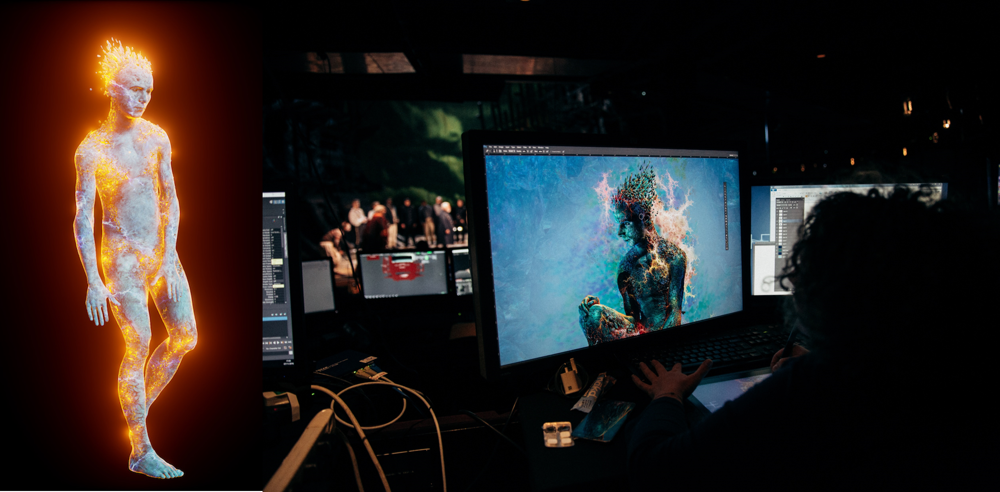 A digital avatar with flame-like effects on their body (left). A person editing a multicoloured avatar on a screen (right).