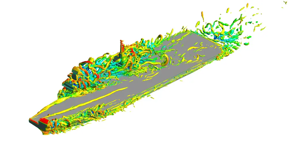 A screenshot in time in a computational fluid dynamics simulation of an aircraft carrier. Colourful turbulent vortices are shown gathered around the carrier.