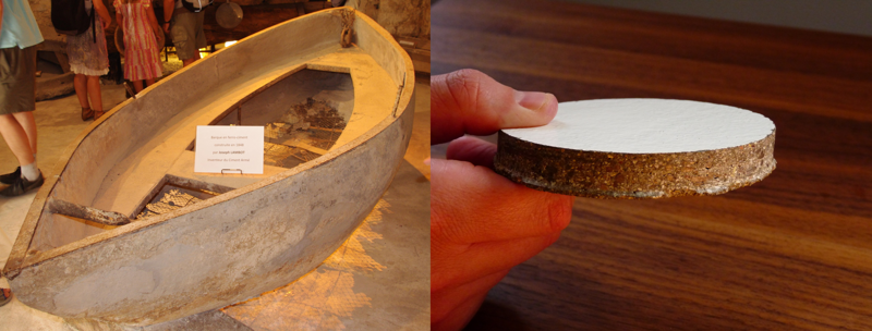 A rowing boat (left). A person holding a thin circular object (right).