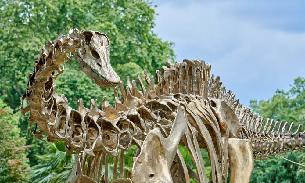 A bronze dinosaur in a garden on a sunny day