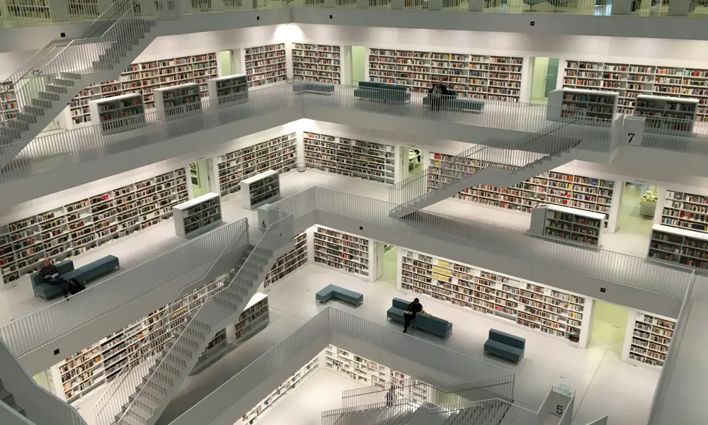 A five-story library building.