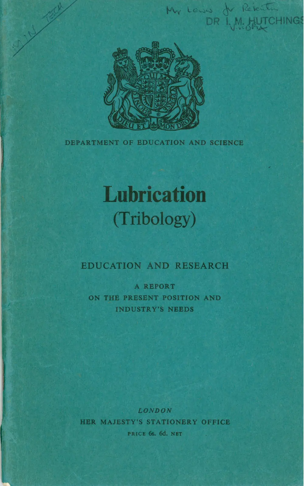 The cover of a report on Lubrication (Tribology).