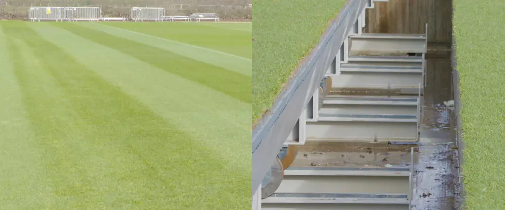 The pitch grass (left) and a close-up of in between two sections of the pitch (right).