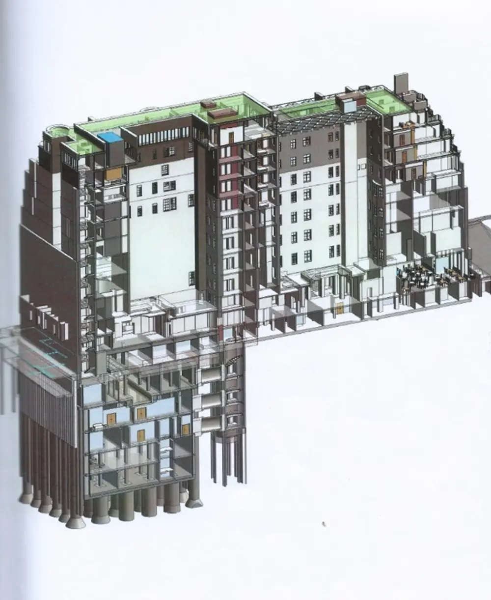 A computer generated design of a cross section of the Claridge's hotel building, showing the basement extending underground on one side of the building.