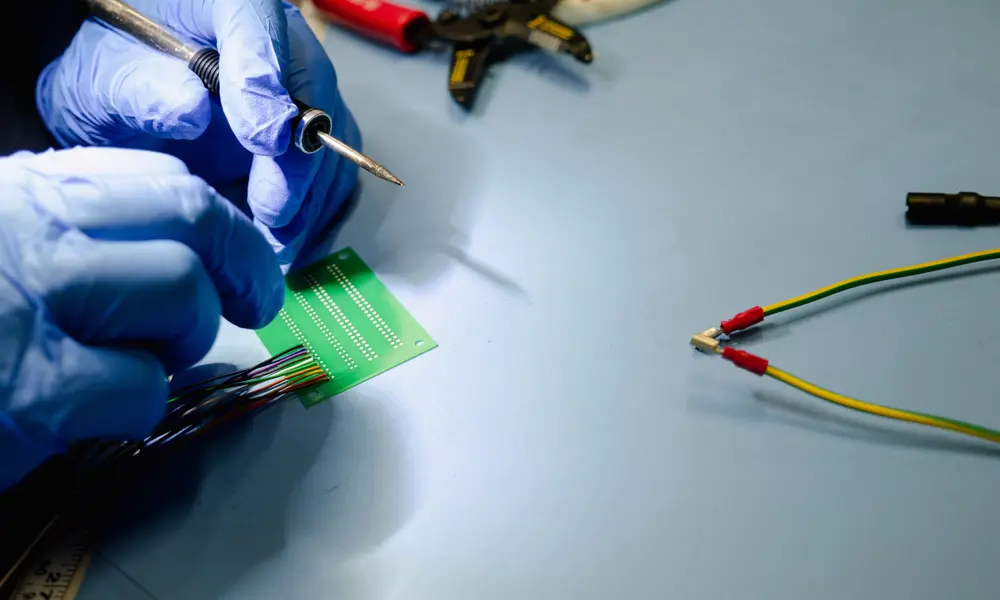 A nitrile-gloved pair of hands soldering electronics in an HMGCC electronics lab
