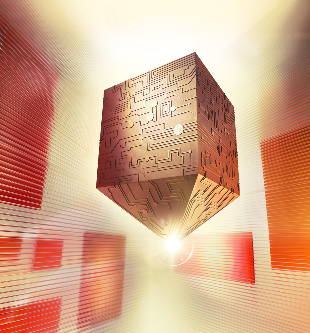 A gold cube with a pointed bottom that has circuit boards on the outside, against an orange and white background