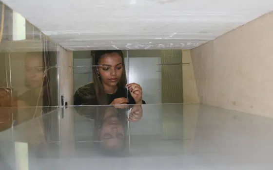 A woman engineer seen through a window in a piece of experimental apparatus, setting up an experiment, holding a thin metal rail