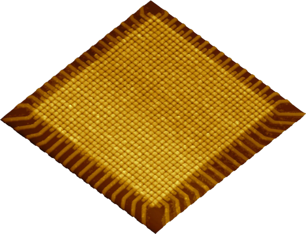 A microscope image of a square grid of yellow elements.