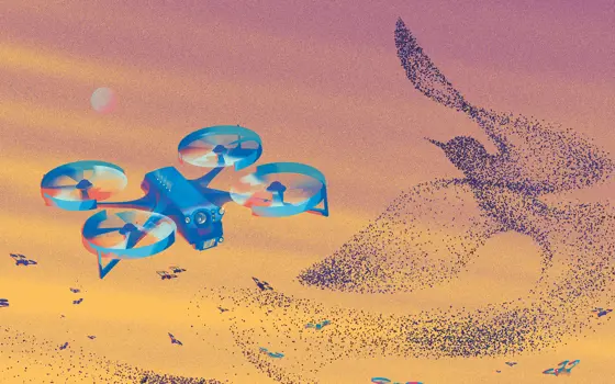 An illustration of a swarm of small drones, forming a "murmuration" resembling the shape of a bird.