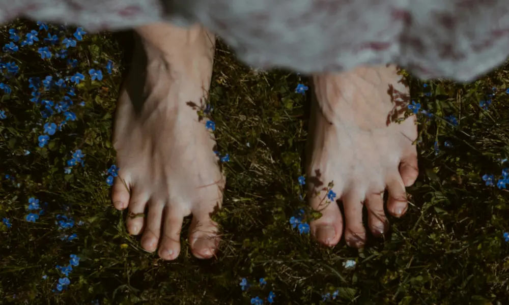 Bare feet on grass that has small blue flowers growing in it.