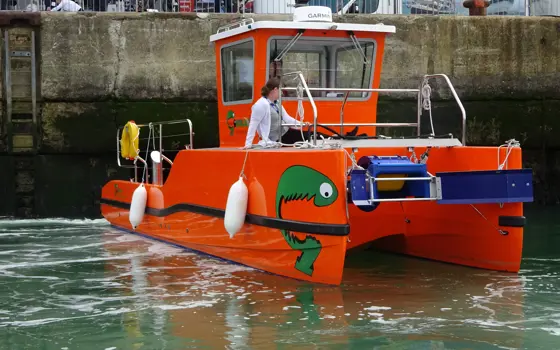 The Gobbler boat with a person on it at Southampton Port.