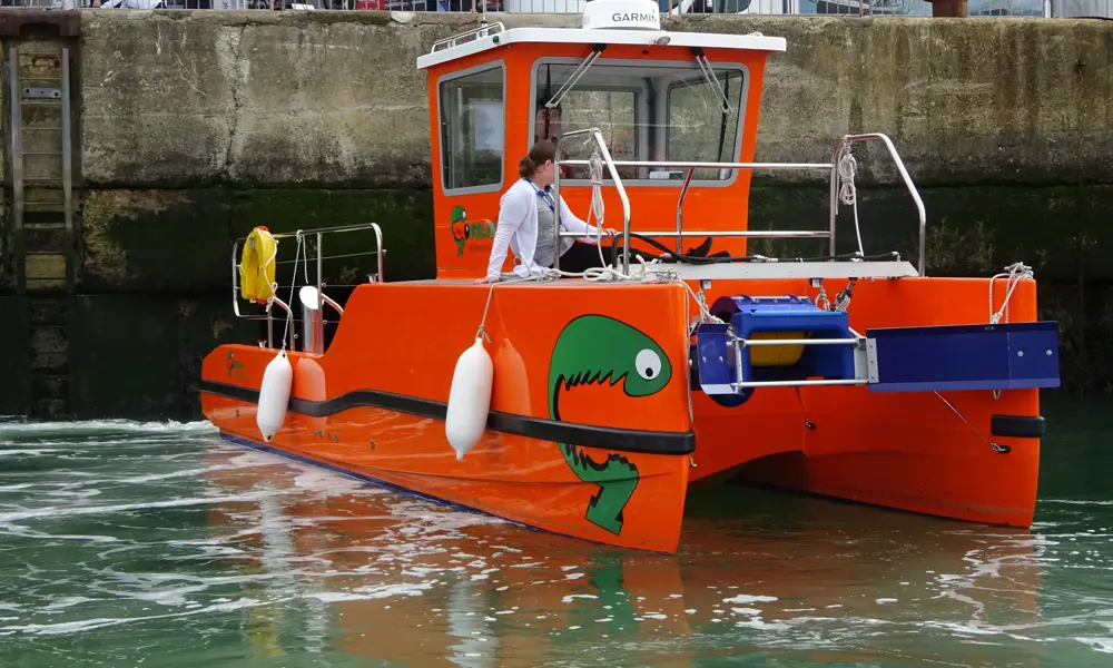 The Gobbler boat with a person on it at Southampton Port.