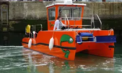 The Gobbler boat with a person on it at Southampton Port.