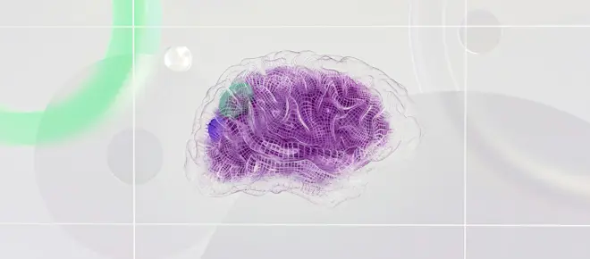 An artistic rendering of a brain, with a grid-like pattern on the grooves of its transparent outer shell, and a purple interior seen through the shell.