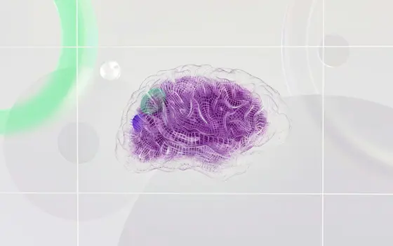 An artistic rendering of a brain, with a grid-like pattern on the grooves of its transparent outer shell, and a purple interior seen through the shell.