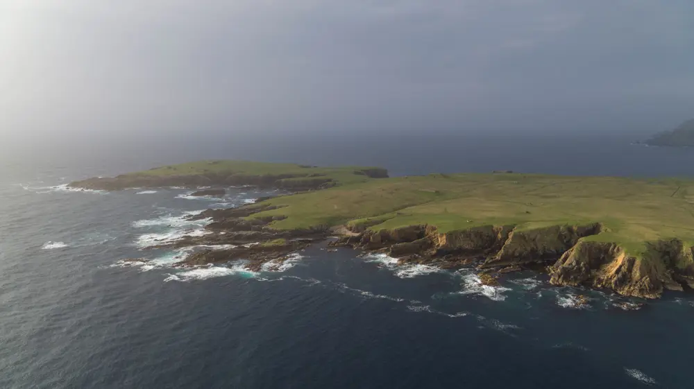 An aerial view of Unst island in Scotland.