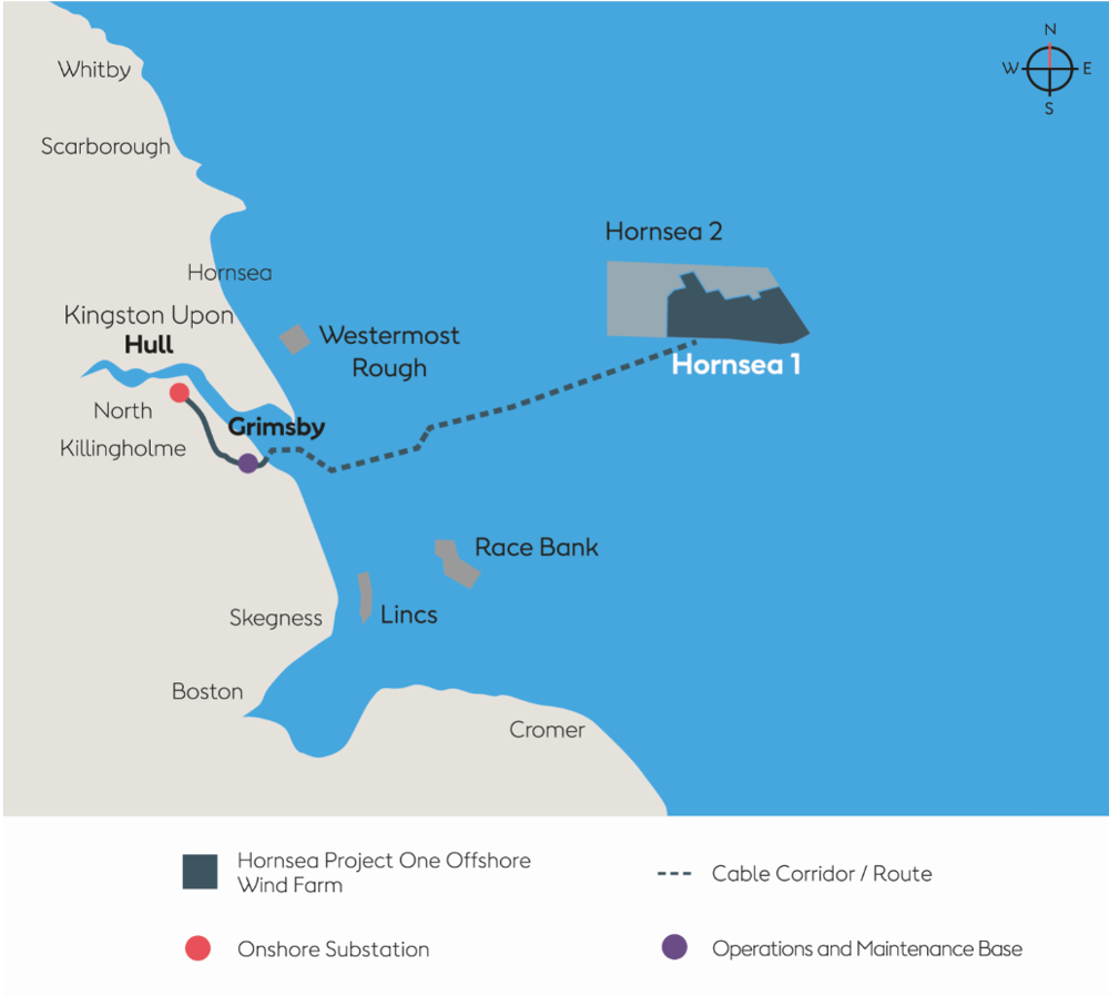 A map showing the Hornsea Project Wind Farm location in relation to the coast.