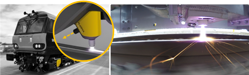 A train on a track with the plasma device attached (left) with a close-up of a jet of plasma being directed at track as the train moves along it (right).