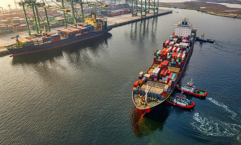 Two container ships at harbour viewed from above, with green cranes on the dock.