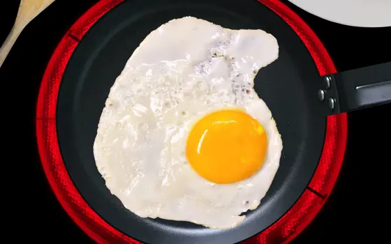 A fried egg in a pan on an induction hob.