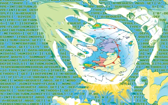 An illustration of hands around a crystal ball containing a weather forecast on a backdrop of computer code