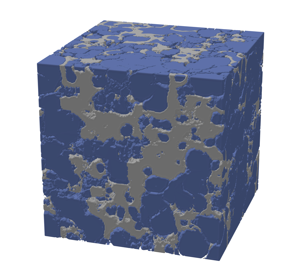 A 3D model showing the grains packed into a battery's cathode, coloured in blue and light grey.