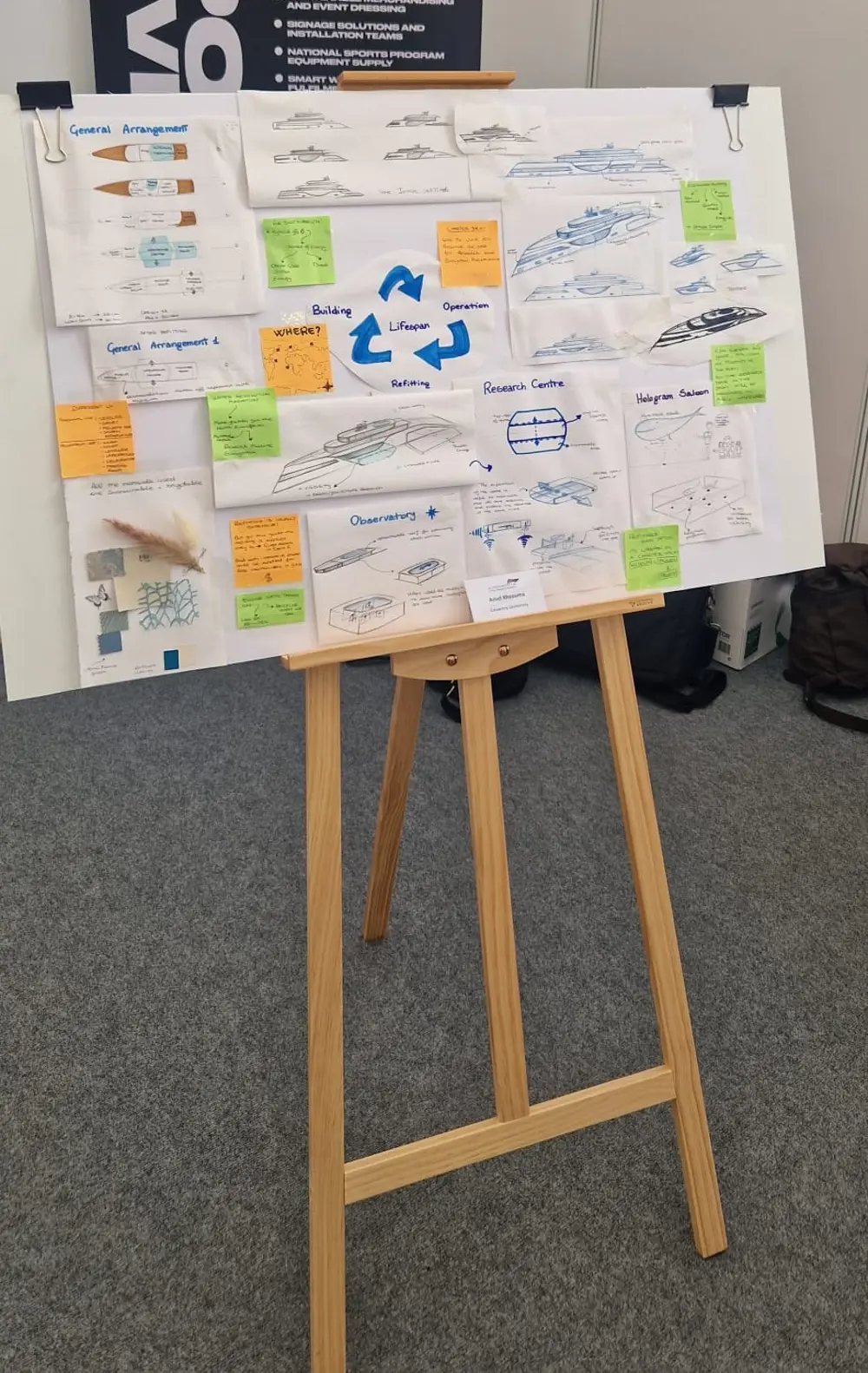 An easel display showing designs of a superyacht