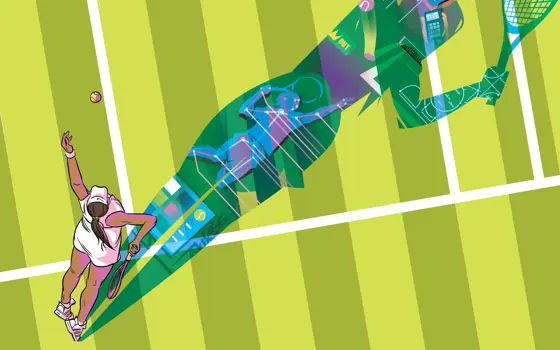 Illustration of a tennis player wearing a white dress and shoes, serving on a grass court, with symbolic imagery of sports technology drawn inside her shadow.