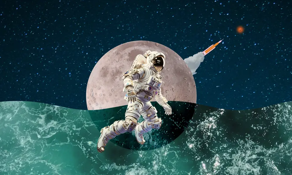 A collage illustration of an astronaut in a space suit floating in front of the moon and a rising turquoise wave.
