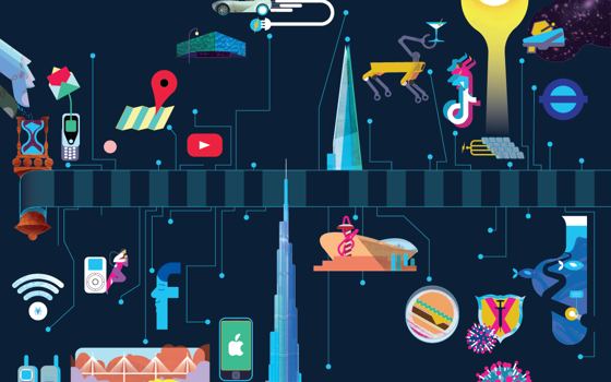 An illustration of a timeline, showing from 1999 to 2024, including: a Wifi symbol, an iPhone, the facebook logo, the millau viaduct, a camera phone, a map with a pin in it, the Shard, the Olympic Stadium, a four legged yellow robot holding a martini in its end effector, the TikTok logo, a sun shining on solar panels, a space telescope, the TfL roundel in purple, a burger in a petri dish, spiky virus particles next to a syringe, and a cut through of an optical cable undersea, 