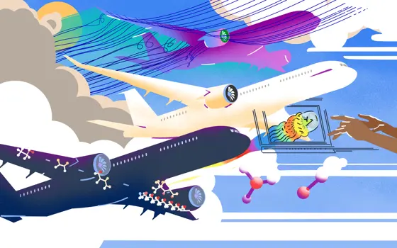 Illustration of A350 planes representing different scales of modelling, including the airflow of computational fluid dynamics and molecules modelled in molecular dynamics.