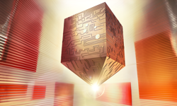 A concept image of modelling software showing a golden box shape made out of circuit boards on an orange and white background